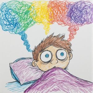 a soft crayon illustration of a person lying in bed with colourful thought bubbles above their head.