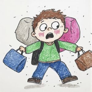 A crayon drawing of a person overwhelmed and struggling with carrying too many heavy bags